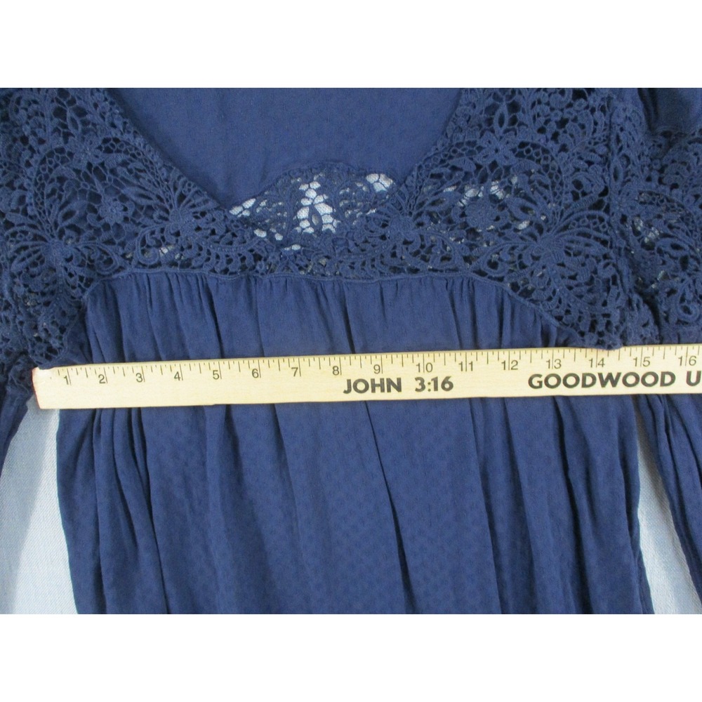 Hinge Navy Blue Lace Yoke Clip Dot Long Sleeve Tie Cuff Blouse XS - Picture 5 of 9